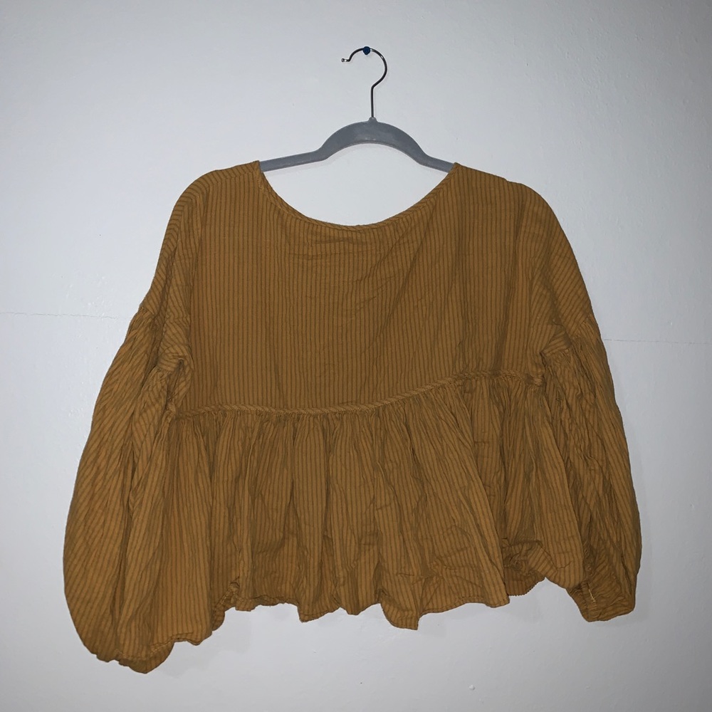 Cropped Mustardy Striped Long-Sleeve Loose Blouse